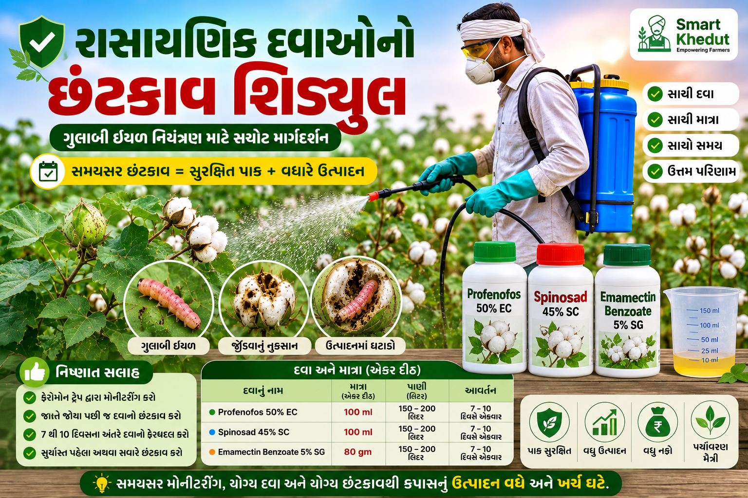 કપાસમાં ગુલાબી ઈયળ માટે દવાનો છંટકાવ