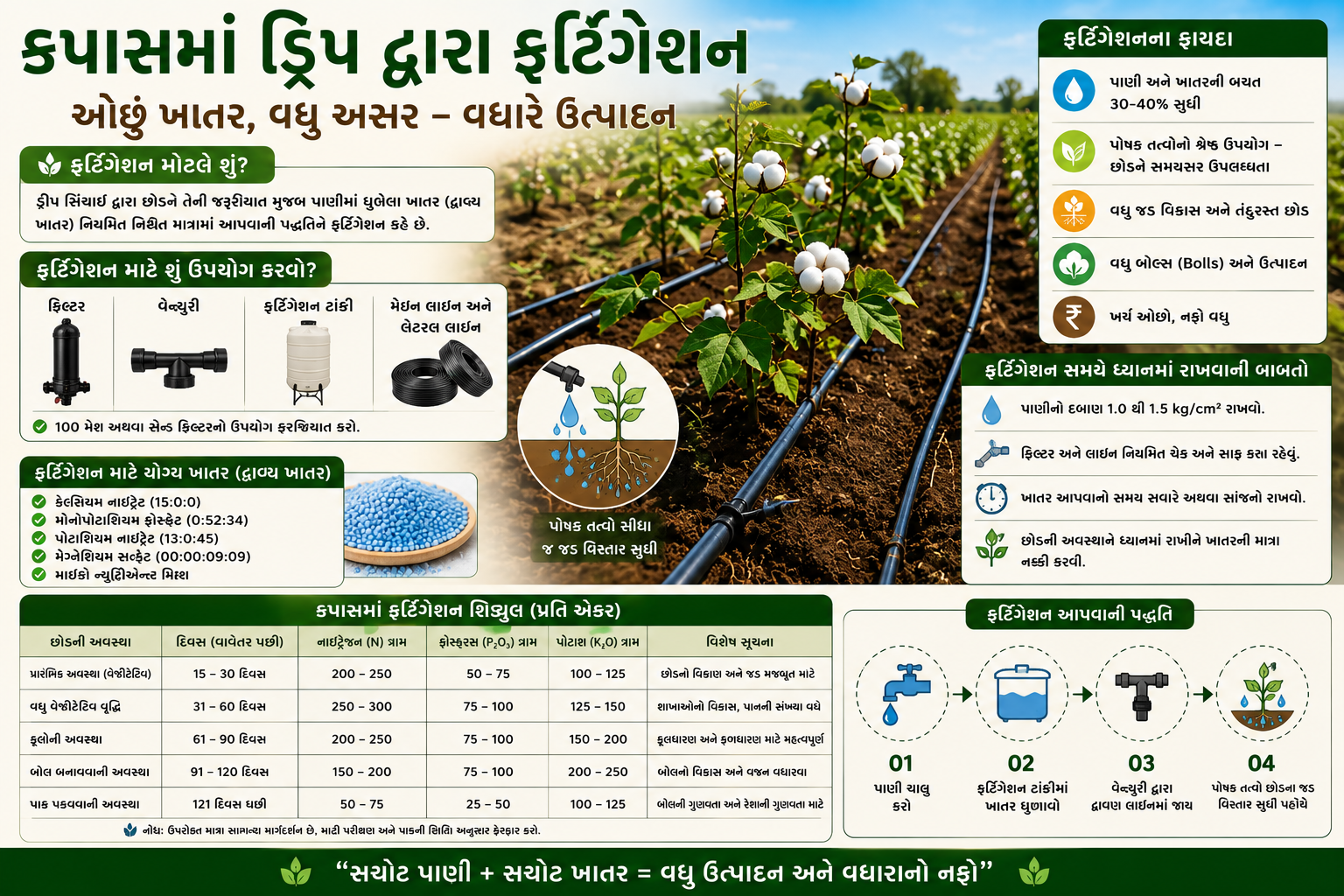 કપાસમાં ડ્રિપ સિંચાઈ દ્વારા ફર્ટિગેશન પદ્ધતિ