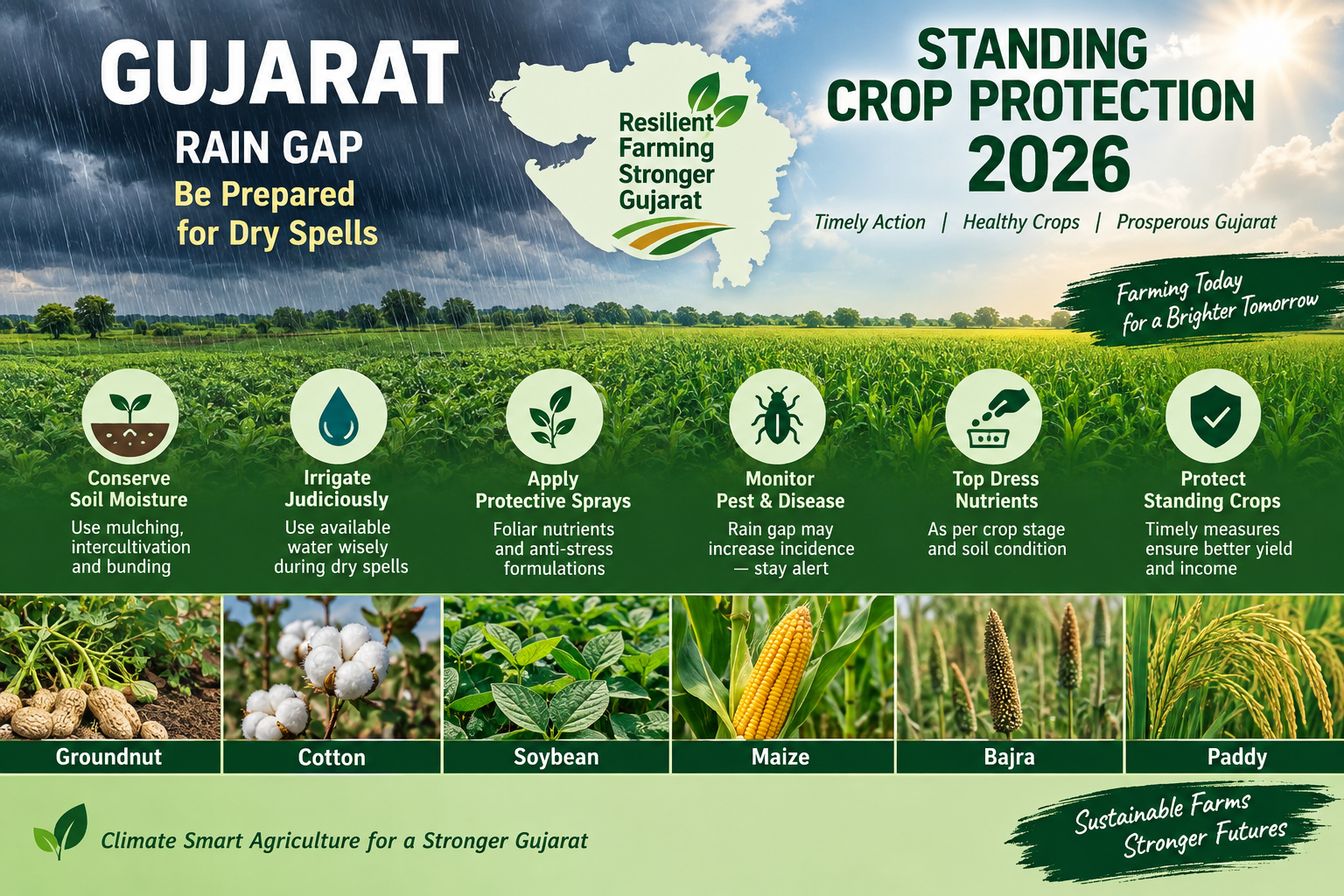 Gujarat rainfall gap 2026 standing Kharif crop protection farmer advice