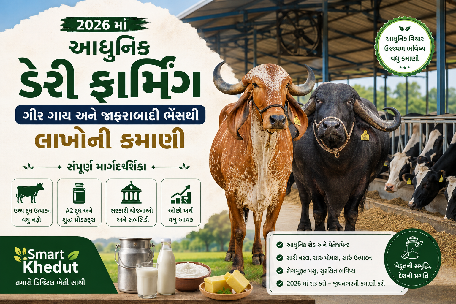 2026માં આધુનિક ડેરી ફાર્મિંગ: ગીર ગાય અને જાફરાબાદી ભેંસથી લાખોની કમાણી | સંપૂર્ણ માર્ગદર્શિકા