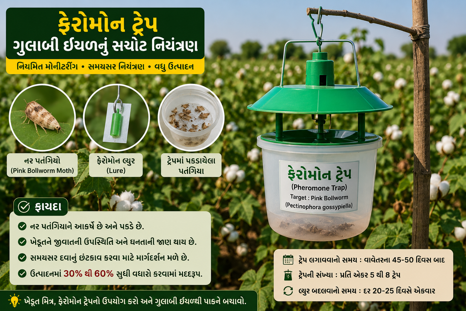 કપાસના ખેતરમાં ફેરોમોન ટ્રેપનો ઉપયોગ