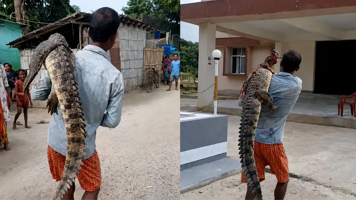Bihar man walks into police station with crocodile on his shoulder, videos goes viral