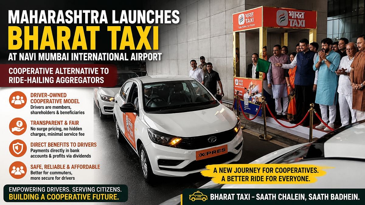 Maharashtra Govt Launches Bharat Taxi At Navi Mumbai International Airport As Cooperative Alternative To Ride-Hailing Aggregators