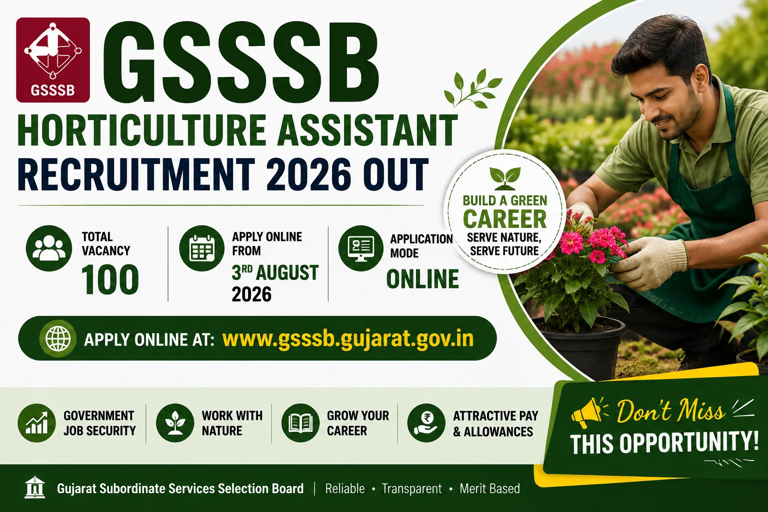 GSSSB Horticulture Assistant Recruitment 2026 Out, 100 Vacancy, Apply Online From 3rd August